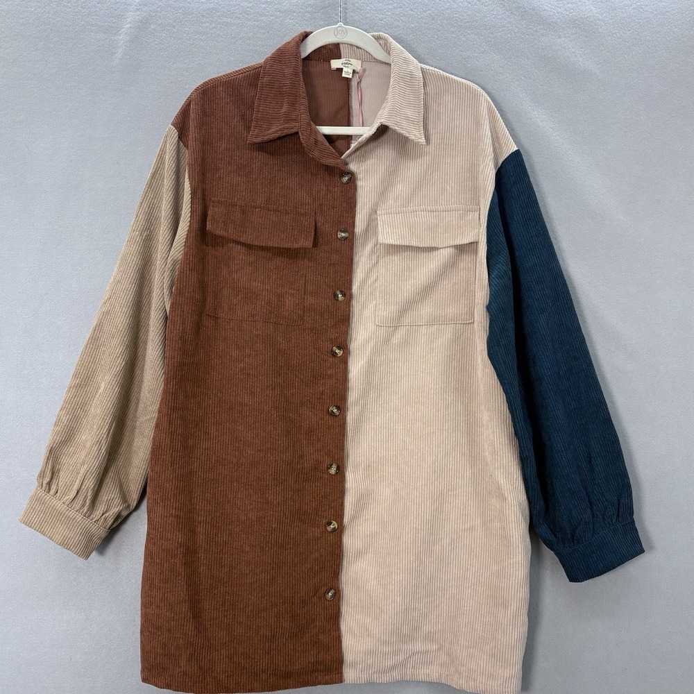 Entro Womens Large Corduroy Colorblock‎ Shacket Tunic Cottage Boho Casual Preppy